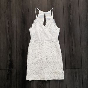 Anthropologie White Lace Plunge Neck Spaghetti Strap Fitted Mini Dress